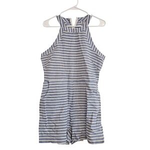 Blue White Stripe Halter Neck Tie Waist Romper Shorts Jumpsuit Women's Size M
